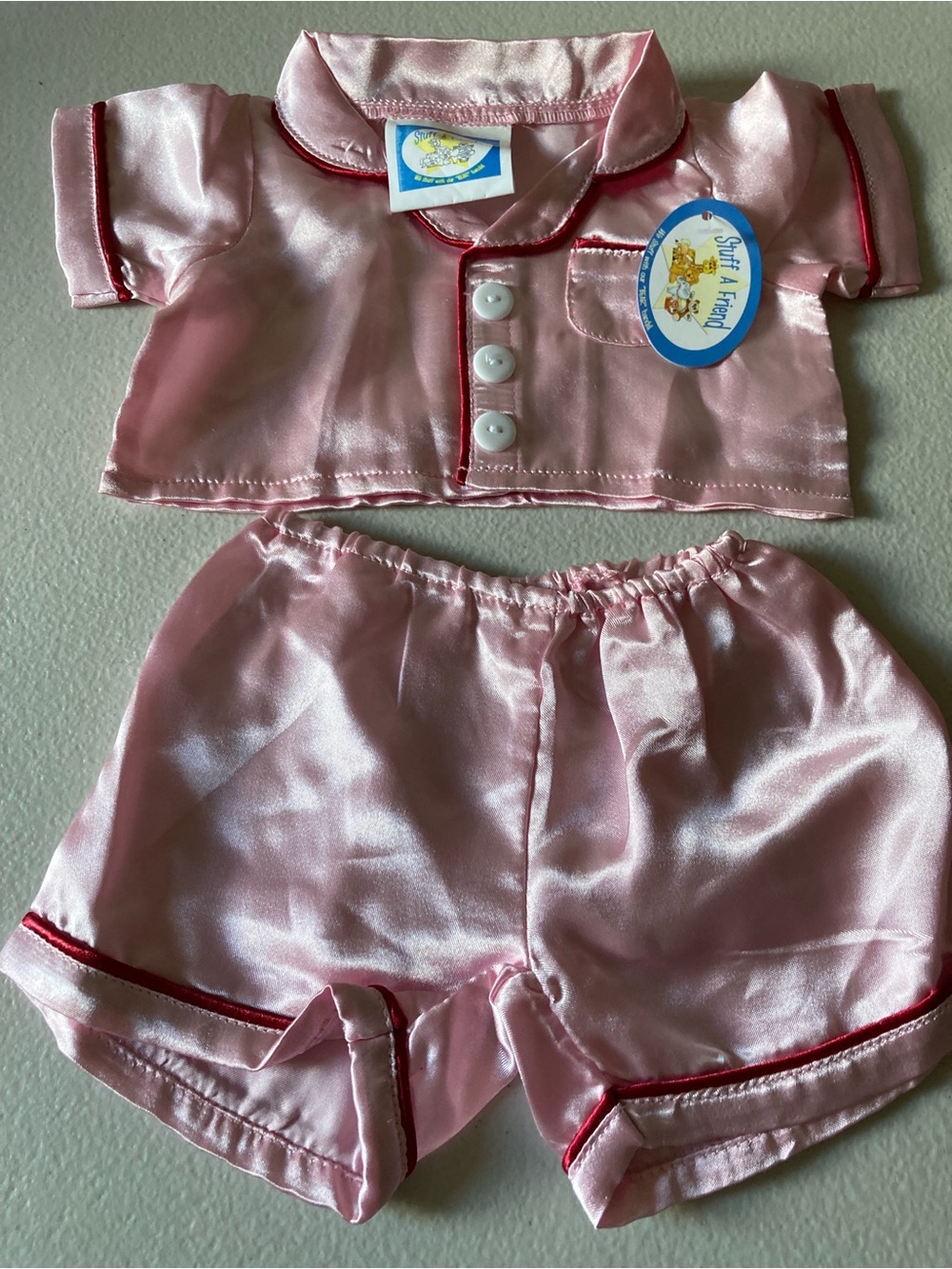 Stuff-A-Friend Bear Pajamas Sleepwear Set Pink Satin Shirt & Shorts 2pc.